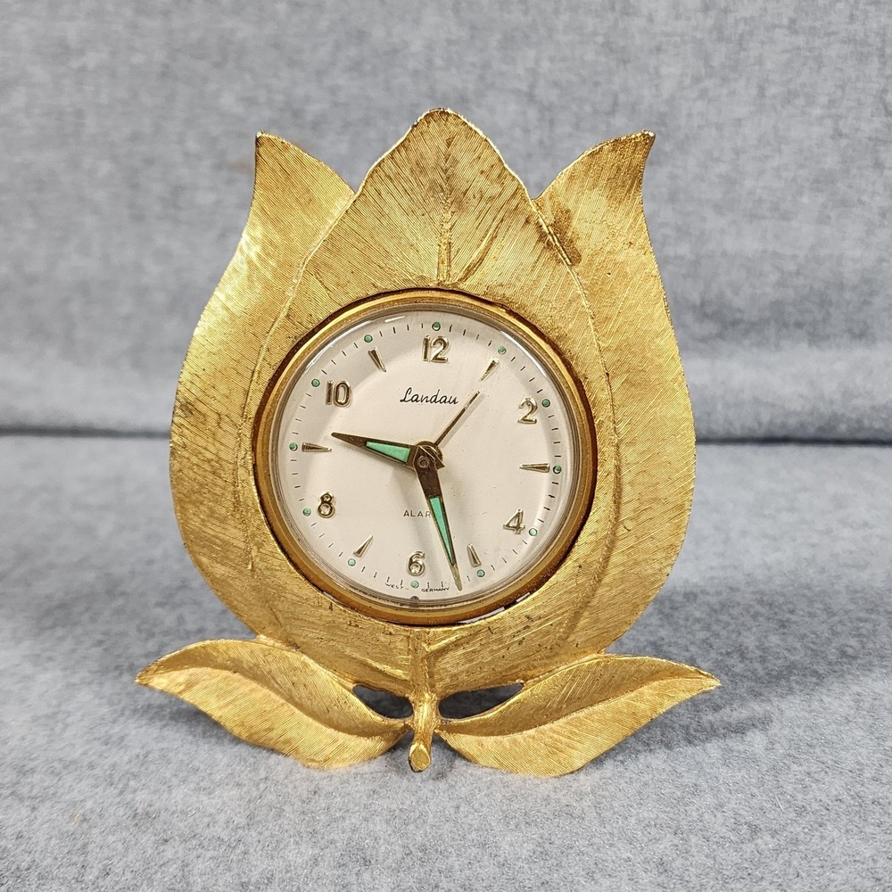 Vintage Landau Tulip Alarm Clock West Germany Gold Tone Hana‎ Glow Hands